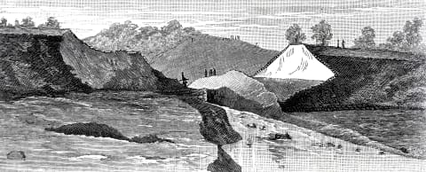 Nineteenth-century illustration of the South Fork Dam after it failed.