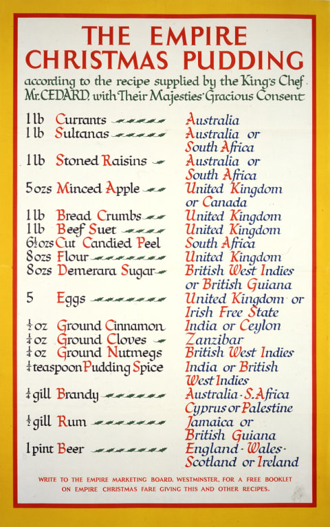 The recipe for Empire Christmas Pudding was published and distributed by the Empire Marketing Board.