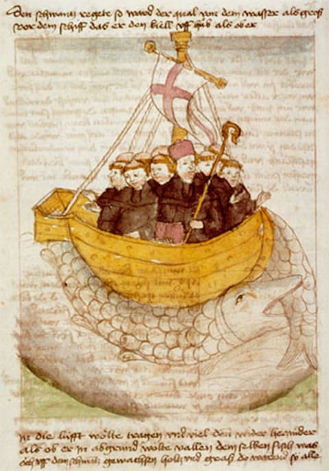 An illustration of St. Brendan's voyage from a German manuscript.