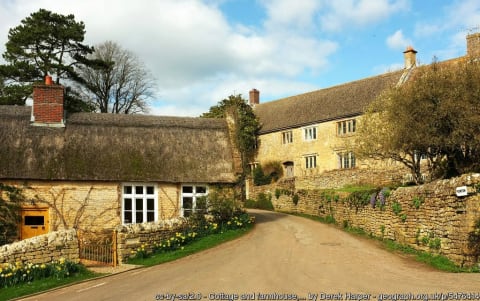 Thatched-roof buildings in Powerstock, the Dorset village where Elizabeth Martha Brown married her first husband.