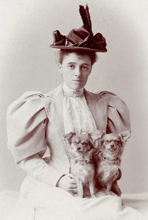 Edith Wharton with her Chihuahuas Mimi and Miza circa 1890.