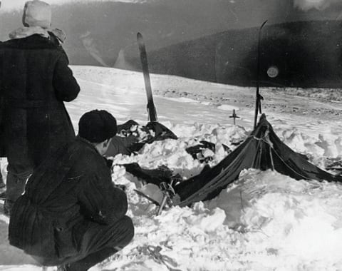 A view of the Dyatlov Pass hikers' as the rescuers found it on February 26, 1959. The tent had been cut open from inside, and most of the skiers had fled in socks or barefoot.