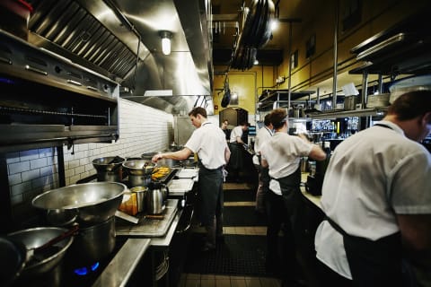 The line of a restaurant kitchen.