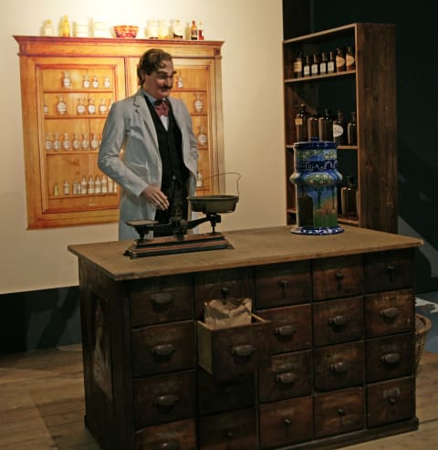 A replica of Caleb Bradham's pharmacy in a New Bern museum exhibition.