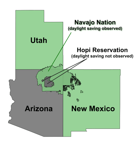 The regions in green observe Daylight Saving, while those in gray do not. 