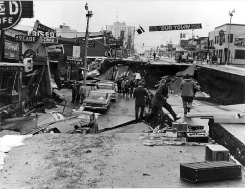 Damage to downtown Anchorage, Alaska, after the 1964 Good Friday earthquake.