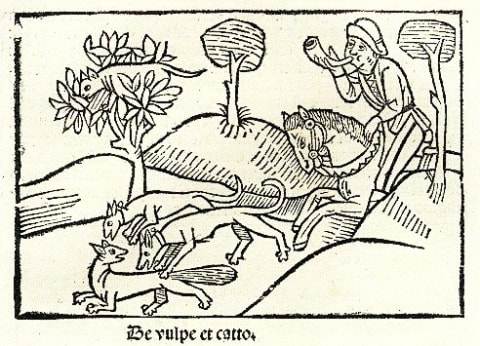 An early 16th-century illustration of  "The Fox and the Cat."