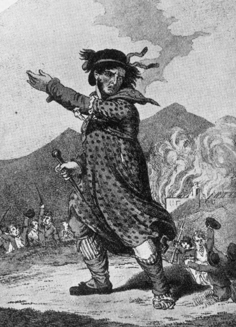 Cartoon of Luddite dressed as "Mrs. Ludd". 