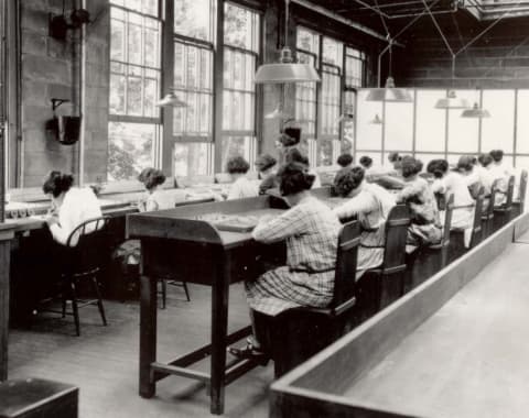 Radium girls at work in a factory, circa 1922.