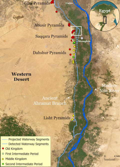 The water course of the ancient Ahramat Branch borders a large number of pyramids dating from the Old Kingdom to the Second Intermediate Period, spanning between the Third Dynasty and the Thirteenth Dynasty.