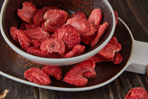 Freeze-dried strawberries in a bowl.