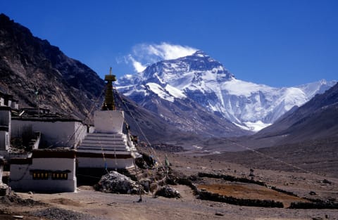 Rongbuk Monastery with Everest beyond it.