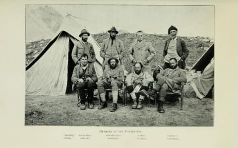 Eight members of the 1921 reconnaissance expedition (Mallory is front left).