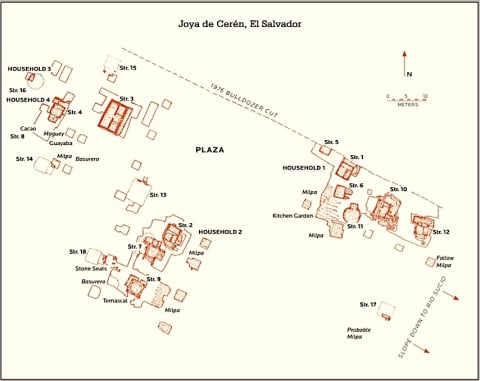 A map of Joya de Ceren’s buildings situated around a central plaza.