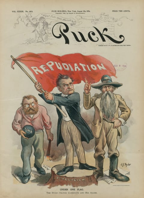 A political cartoon by Charles Jay Taylor satirizing William Jennings Bryan's rhetoric-heavy presidential campaign of 1896.