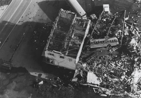 A school bus was tossed into a private garage in Brandenburg, Kentucky, during the Super Tornado Outbreak of April 3, 1974.