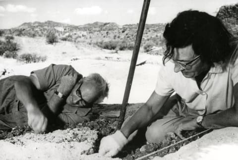 Louis and Mary Leakey excavating in Olduvai Gorge, circa 1960s.