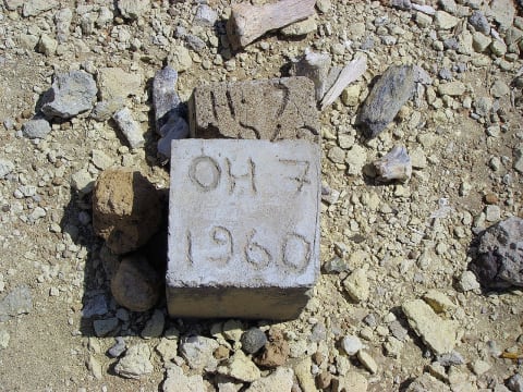 A marker denoting the place in Olduvai Gorge where the type specimen of ‘Homo habilis’ was discovered in 1960.