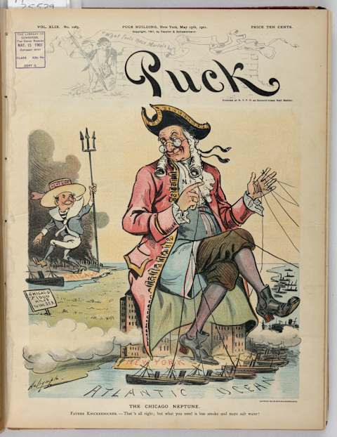 A 1901 illustration by Louis Dalrymple of Father Knickerbocker flaunting his superior port in front of Chicago.