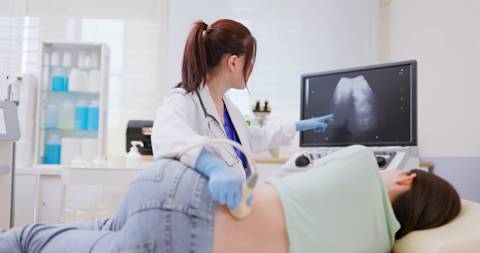 A doctor performs a kidney ultrasound on a patient.