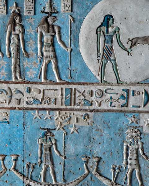 Bas-relief sculpture in the temple of the goddess Hathor at Dendera, Egypt, constructed in the late Ptolemaic period.