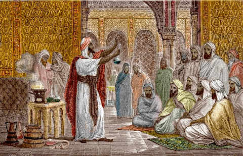 A 19th-century illustration of the Muslim alchemist Geber (Jabir Ibn Hayyan) teaching chemistry at the school of Edessa, Greece.