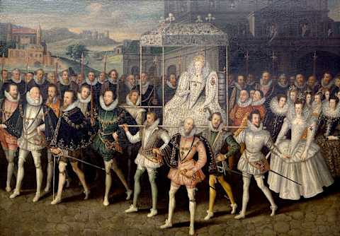 Queen Elizabeth I of England preceded by the Knights of the Garter.