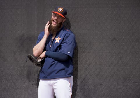 WEST PALM BEACH, FL – FEBRUARY 18: Houston Astros Pitcher Dallas Keuchel (60) smile while rubbing his beard during pitching practice during a Houston Astros spring training workout at The Ballpark of the Palm Beaches in West Palm Beach, Florida on February 18, 2017. (Photo by Doug Murray/Icon Sportswire via Getty Images)