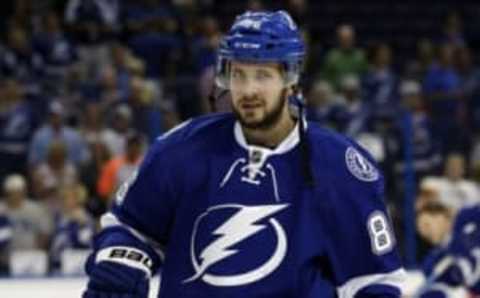 Apr 21, 2016; Tampa, FL, USA; Tampa Bay Lightning right wing Nikita Kucherov (86) skates prior to game five of the first round of the 2016 Stanley Cup Playoffs against the Detroit Red Wings at Amalie Arena. Mandatory Credit: Kim Klement-USA TODAY Sports