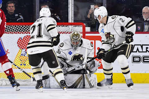 LAVAL, QC – FEBRUARY 16: Goaltender Vitek Vanecek #30 of the Hershey Bears makes a save in the second period against the Laval Rocket during the AHL game at Place Bell on February 16, 2018 in Laval, Quebec, Canada. (Photo by Minas Panagiotakis/Getty Images)