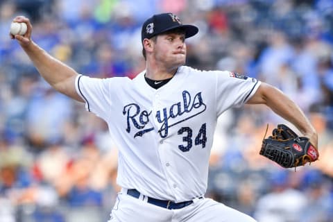 Kansas City Royals starting pitcher Trevor Oakks throws in the first inning against the Cleveland Indians on Wednesday, July 4, 2018, at Kauffman Stadium in Kansas City, Mo. (John Sleezer/Kansas City Star/TNS via Getty Images)