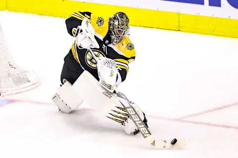 TORONTO, ONTARIO – AUGUST 26: Jaroslav Halak #41 of the Boston Bruins plays the puck. (Photo by Elsa/Getty Images)