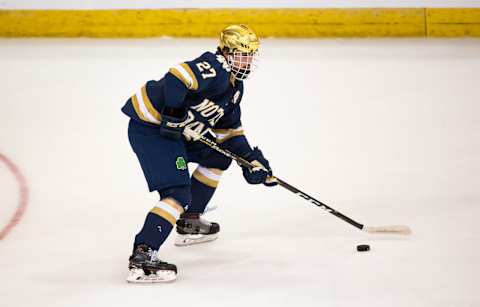 MANCHESTER, NH – MARCH 29: Bobby Nardella #27 of the Notre Dame Fighting Irish skates against the Clarkson Golden Knights during the NCAA Division I Men’s Ice Hockey Northeast Regional Championship semifinal at the SNHU Arena on March 29, 2019 in Manchester, New Hampshire. The Fighting Irish won 3-2 in overtime. (Photo by Richard T Gagnon/Getty Images)