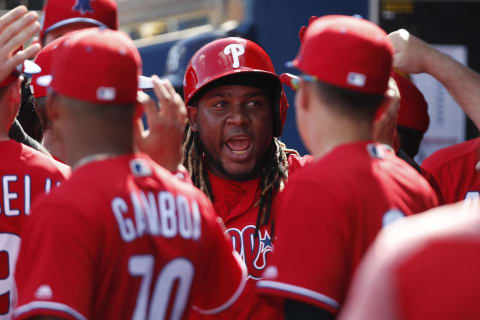 PORT CHARLOTTE, FL – FEBRUARY 22: Maikkel Franco #7 of the Philadelphia Phillies celebrates in the dugout after hitting a home run during the Spring Training game against the Tampa Bay Rays at Charlotte Sports Park on February 22, 2019 in Port Charlotte, Florida. (Photo by Mikke McGinnis/Getty Images)