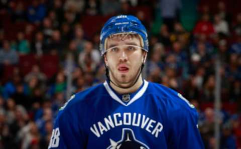 VANCOUVER, BC – MARCH 31: Nikita Tryamkin #88 of the Vancouver Canucks looks on from the bench during their NHL game against the Los Angeles Kings at Rogers Arena March 31, 2017 in Vancouver, British Columbia, Canada. (Photo by Jeff Vinnick/NHLI via Getty Images)”n