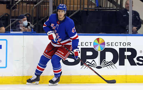 NEW YORK, NEW YORK – SEPTEMBER 26: Morgan Barron #47 of the New York Rangers skates against the New York Islanders in a preseason game at Madison Square Garden on September 26, 2021 in New York City. The Islanders shutout the Rangers 4-0. (Photo by Bruce Bennett/Getty Images)