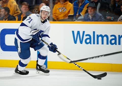 NASHVILLE, TN – NOVEMBER 19: Anthony Cirelli #71 of the Tampa Bay Lightning skates against the Nashville Predators at Bridgestone Arena on November 19, 2018 in Nashville, Tennessee. (Photo by John Russell/NHLI via Getty Images)