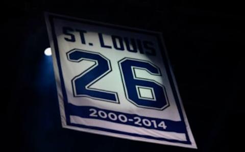 TAMPA, FL – JANUARY 13: The banner for Martin St. Louis is fully raised during the pre-game ceremony honoring the jersey retirement of Martin St. Louis of the Tampa Bay Lightning prior to the Lightning vs. Blue Jackets game on January 13, 2017, at Amalie Arena in Tampa, FL. (Photo by Roy K. Miller/Icon Sportswire via Getty Images)