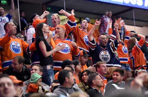 Apr 26, 2017; Anaheim, CA, USA; The Edmonton Oilers fans celebrate during the third period in game one of the second round of the 2017 Stanley Cup Playoffs against the Anaheim Ducks at Honda Center. Edmonton won 5-3. Mandatory Credit: Kelvin Kuo-USA TODAY Sports