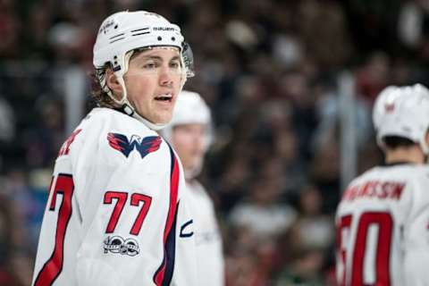 Mar 28, 2017; Saint Paul, MN, USA; Washington Capitals forward T.J. Oshie (77) against the Minnesota Wild at Xcel Energy Center. The Capitals defeated the Wild 5-4 in overtime. Mandatory Credit: Brace Hemmelgarn-USA TODAY Sports