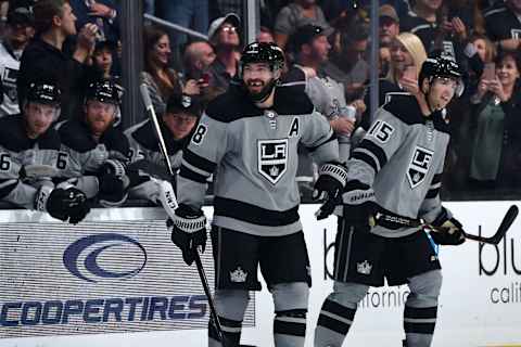 LOS ANGELES, CA – OCTOBER 12: Drew Doughty #8 of the Los Angeles Kings and Ben Hutton celebrate during the third period against the Nashville Predators at STAPLES Center on October 12, 2019 in Los Angeles, California. (Photo by Adam Pantozzi/NHLI via Getty Images)