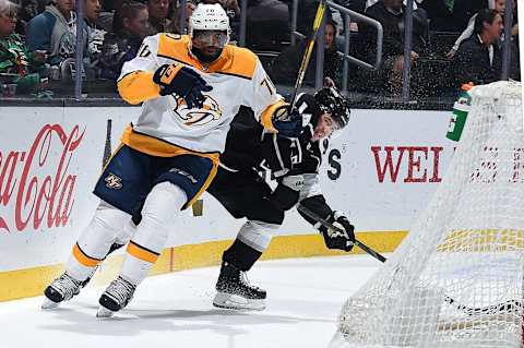 LOS ANGELES, CA – MARCH 14: P.K. Subban #76 of the Nashville Predators and Brendan Leipsic #14 of the Los Angeles Kings skate against each other during the first period of the game at STAPLES Center on March 14, 2019 in Los Angeles, California. (Photo by Andrew D. Bernstein/NHLI via Getty Images)