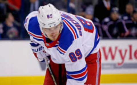 COLUMBUS, OH – NOVEMBER 10: Pavel Buchnevich #89 of the New York Rangers lines up for a face-off during the game against the Columbus Blue Jackets on November 10, 2018 at Nationwide Arena in Columbus, Ohio. (Photo by Kirk Irwin/Getty Images)