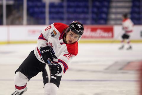 LANGLEY, BRITISH COLUMBIA – JANUARY 25: Forward Luca Pinelli #20 of the Ottawa 67’s skates for Team White during the 2023 Kubota CHL Top Prospects Game Practice at the Langley Events Centre on January 25, 2023 in Langley, British Columbia. (Photo by Dennis Pajot/Getty Images)