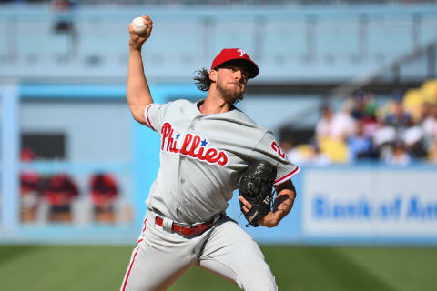 Nola dials up a four-seam fastball to set up a Dodger for his secondary pitches. Photo by Brian Rothmuller/Icon Sportswire via Getty Images.