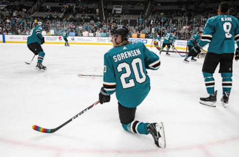 SAN JOSE, CA – MARCH 31: Marcus Sorensen #20 of the San Jose Sharks skates during warmups against the Calgary Flames at SAP Center on March 31, 2019 in San Jose, California (Photo by Kavin Mistry/NHLI via Getty Images)