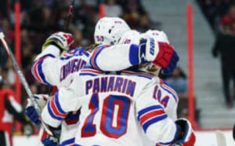 OTTAWA, ON – OCTOBER 5: Artemi Panarin #10 of the New York Rangers celebrates his third period power-play goal against the Ottawa Senators with team mate Mika Zibanejad #93 at Canadian Tire Centre on October 5, 2019 in Ottawa, Ontario, Canada. (Photo by Jana Chytilova/Freestyle Photography/Getty Images)