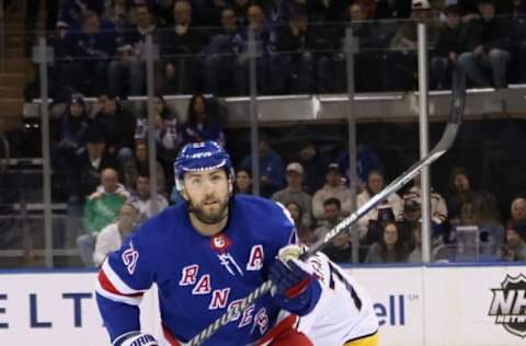 NEW YORK, NEW YORK – MARCH 19: Barclay Goodrow #21 of the New York Rangers skates against the Nashville Predators at Madison Square Garden on March 19, 2023, in New York City. (Photo by Bruce Bennett/Getty Images)