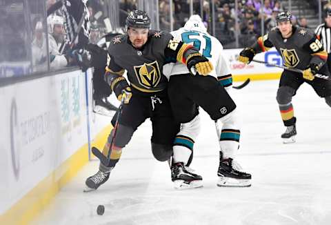 LAS VEGAS, NEVADA – NOVEMBER 21: William Carrier #28 of the Vegas Golden Knights chases the puck during the third period against the San Jose Sharks at T-Mobile Arena on November 21, 2019 in Las Vegas, Nevada. (Photo by Jeff Bottari/NHLI via Getty Images)