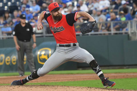 KANSAS CITY, MO – AUGUST 25: Cleveland Indians starting pitcher Corey Kluber (28) pitches in the first inning during a MLB game between the Cleveland Indians and the Kansas City Royals on August 25, 2018, at Kauffman Stadium, Kansas City, MO. The Royals beat the Indians, 7-1. (Photo by Keith Gillett/Icon Sportswire via Getty Images)